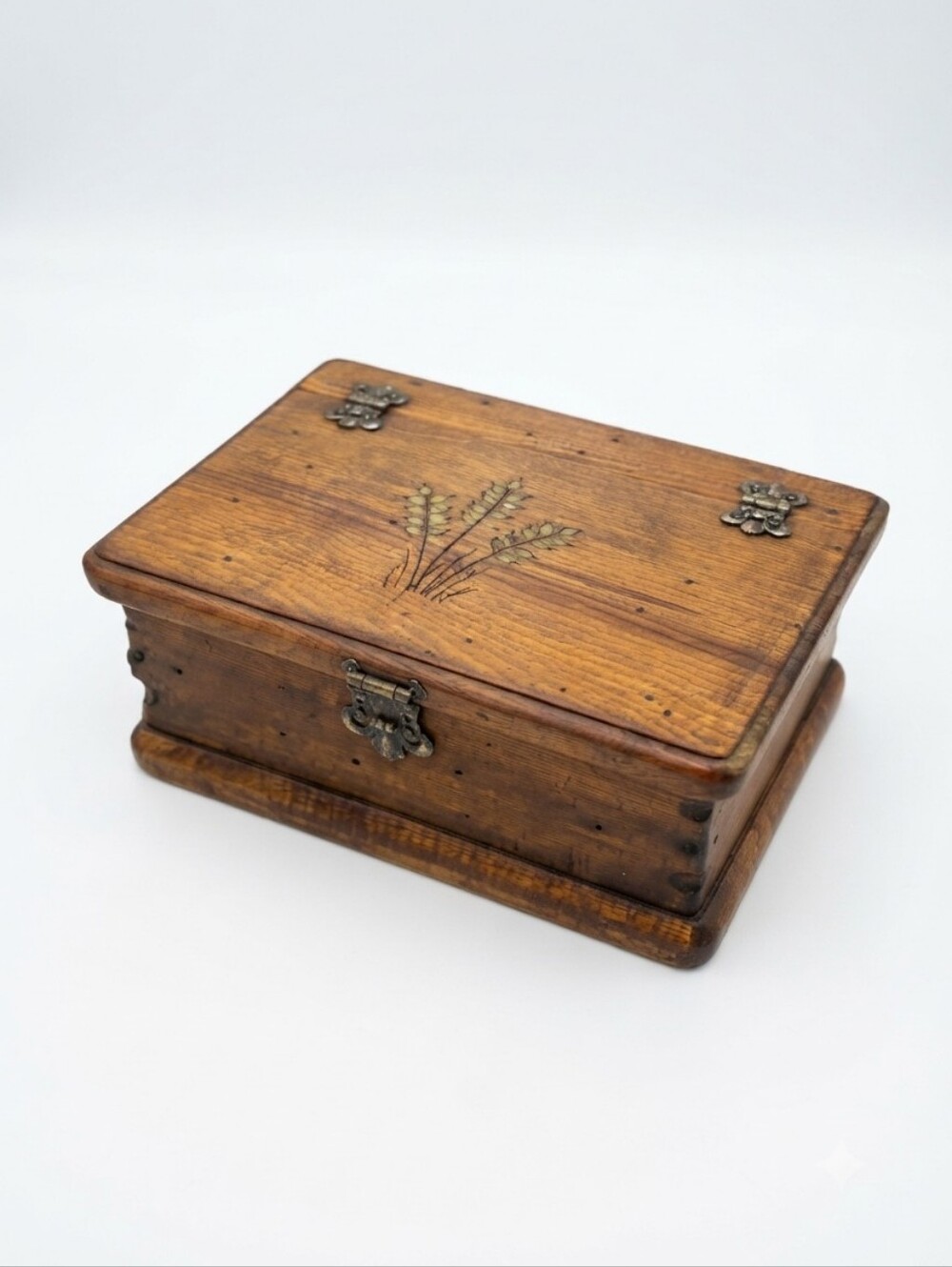 Vintage Wooden Storage Box with Hinges Carved Wheat Stalk Accent Rustic Cottagec